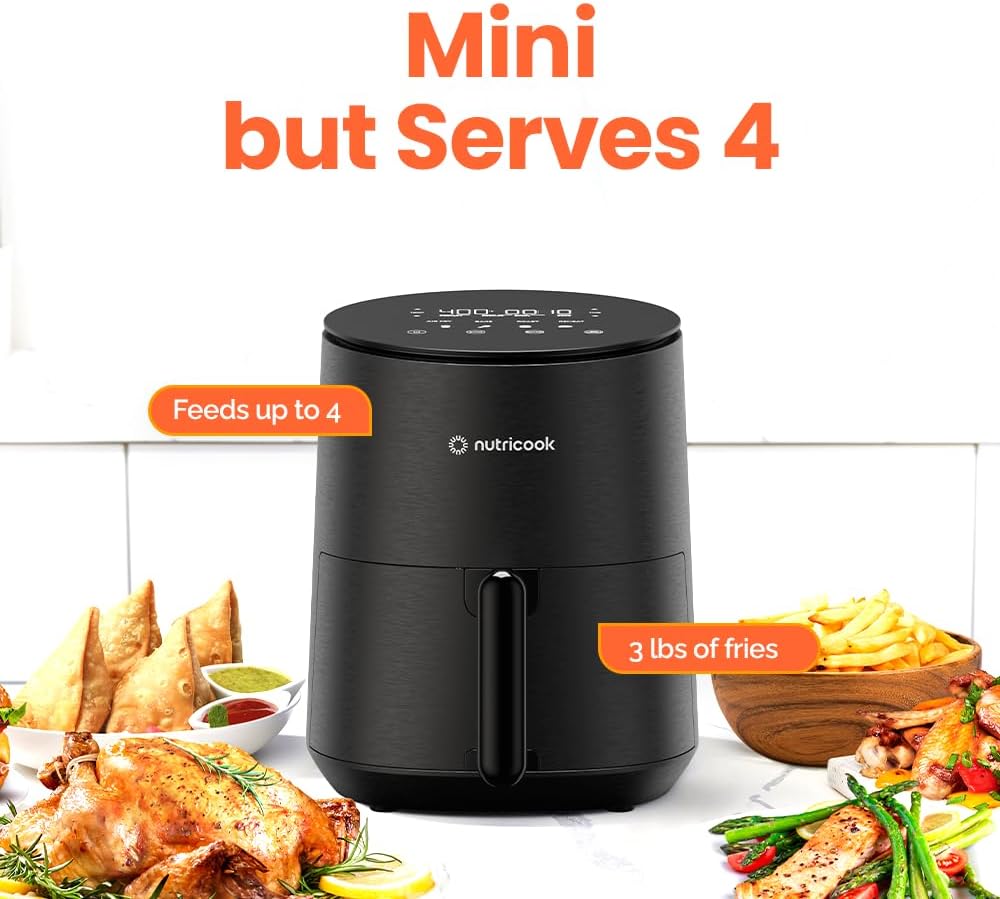 Nutricook Air Fryer - 8 Preset Functions, 3.5 Quart Compact Design, Tempered Glass Control Panel, Black