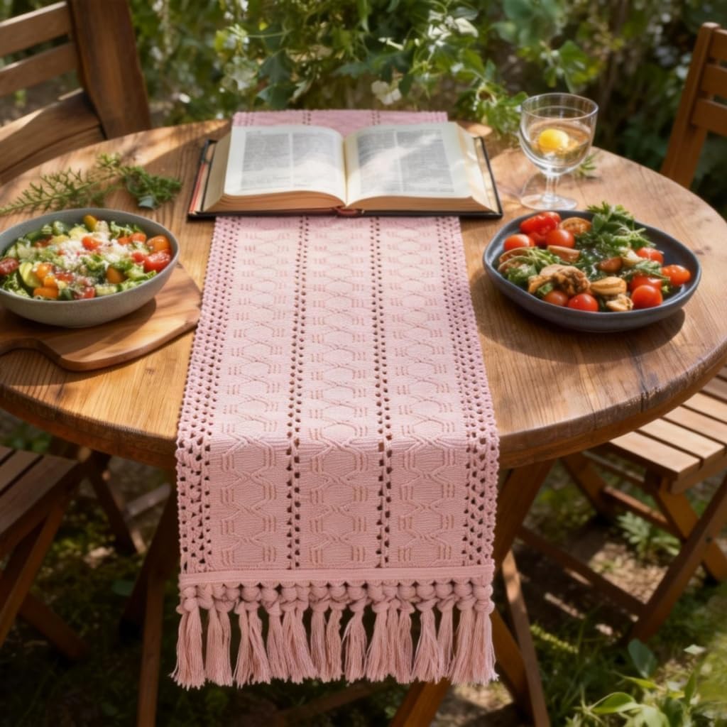 Socomi Boho Table Runner - Rustic Macrame Woven Cotton for Spring Decor | 12x36 in Pink