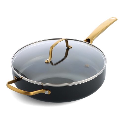 Blue Diamond 4QT Saute Pan with Lid, Non Toxic Induction PFAS-Free Diamond Ceramic Nonstick, Dishwasher & Oven Safe, Metal Utensil Safe, Gold Handle & Helper Handle, Jumbo Skillet, Glass Lid, Black