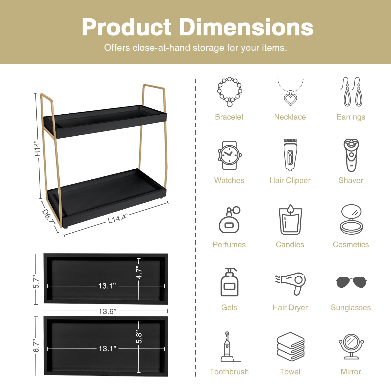 Forbena Black and Gold Bathroom Organizer Countertop, 2 Tier Counter Organizer for Bathroom Decor, Modern Sink Shelf Organizers for Vanity Storage, Make upTray for Makeup Bedroom