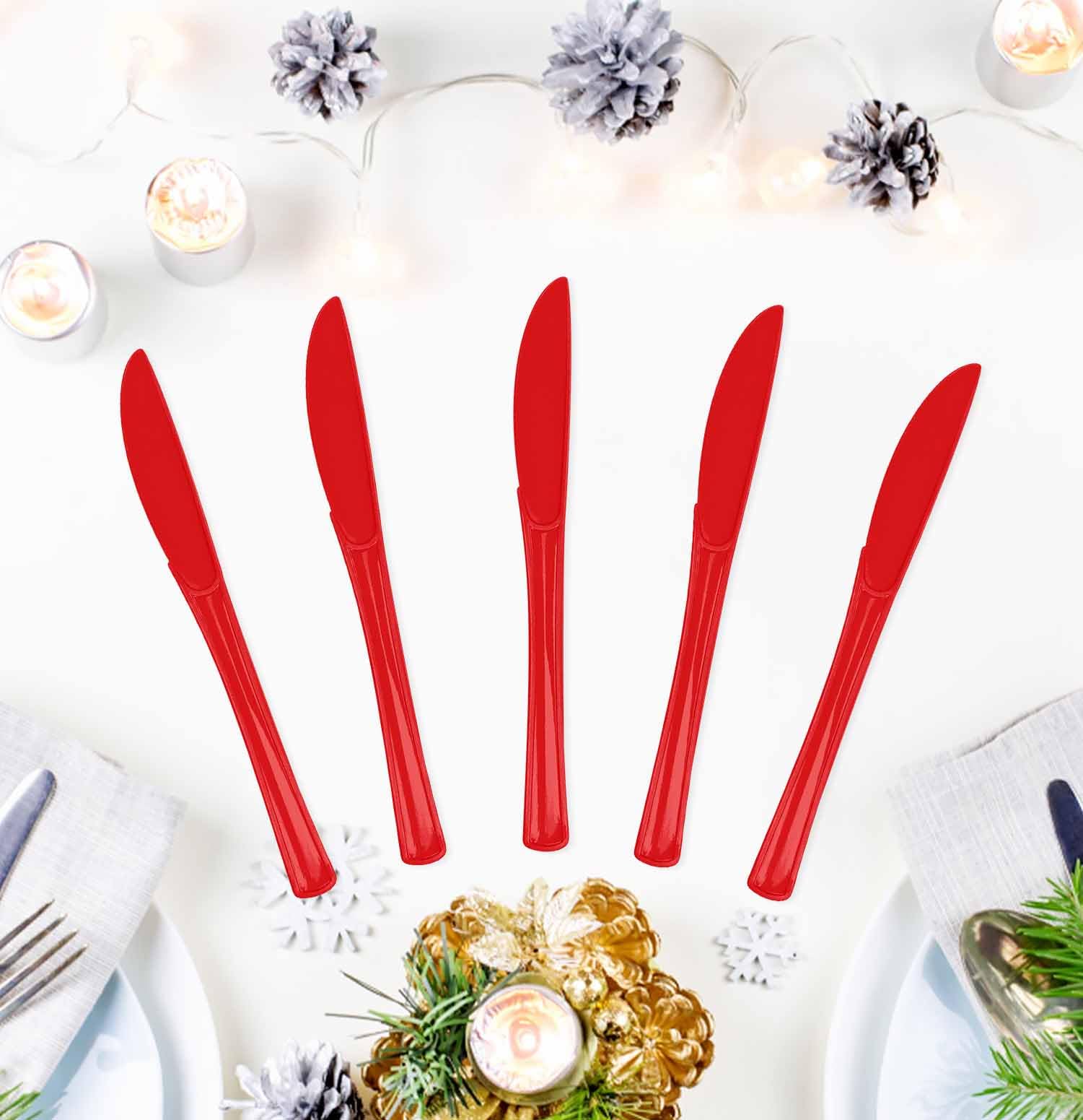 SietDESEO 25 PCS Red Plastic Knives Disposable Utensils Heavy Duty Red Knives Disposable Cutlery for Birthday Wedding Baby Shower Bridal Shower Plastic Silverware