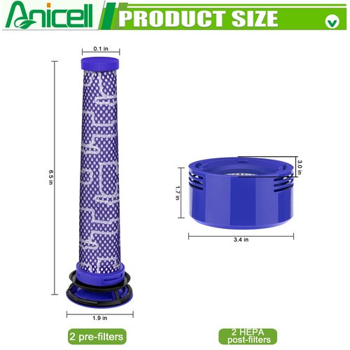 Anicell V8 Filter Replacement Compatible with Dyson V7 V8 Animal V8 Absolute V8 Motorhead Origin SV10 V7 Animal V7 Cordless Stick Vacuum, 2 HEPA Post Filters+2 Pre Filters, Part 965661-01 & 967478-01