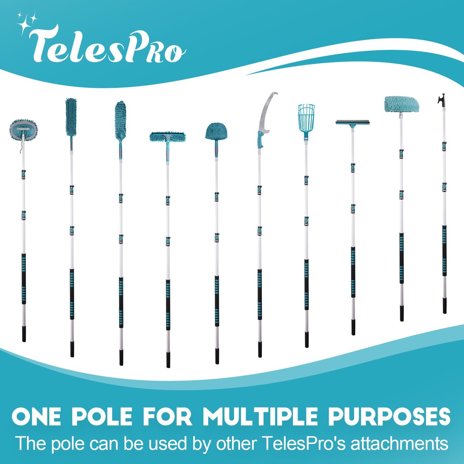 TelesPro 20 Feet High Reach Window Squeegee with 5-12Ft Extension Pole, Window Cleaner Tool with 3-Stage Telescoping Pole, Window Cleaning Kit with Rotatable Head (2 Squeegee & 2 Microfibre Cloths)