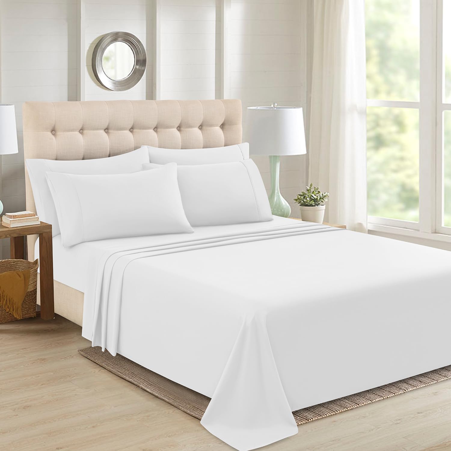 Skiennix Full Sheet Set - 4 Piece Soft Microfiber Bed Sheets, Deep Pocket, Hotel Luxury | White