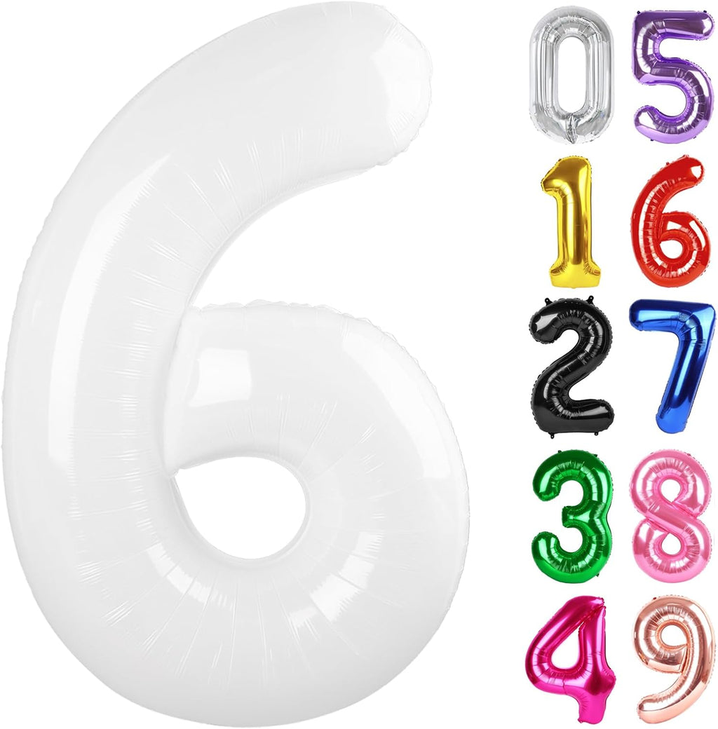 Number 6 Foil Balloon - 40 Inch White Giant Balloon for 6th Birthday Party Decorations