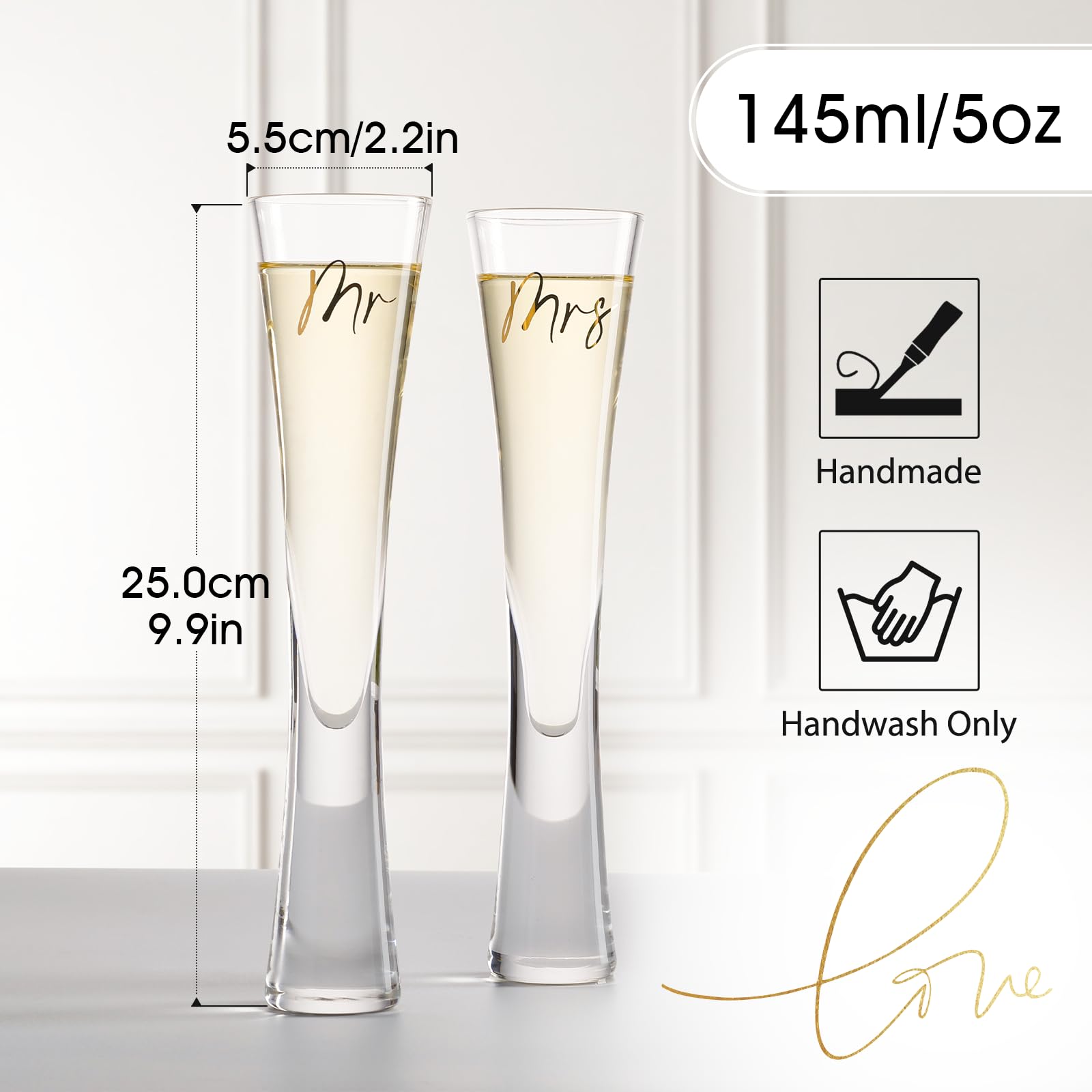 NUTRIUPS Mr & Mrs Champagne Flutes, Wedding Toasting Flutes for Bride and Groom, Hand Blown Crystal Prosecco Glasses for Anniversary, Set of 2