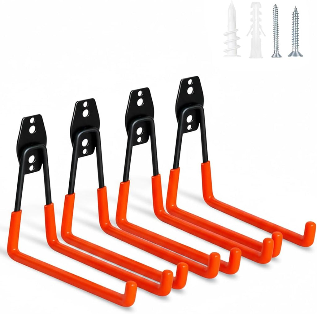 WMK Heavy Duty Garage Hooks - 7.3'' Wall Mount Utility Hooks for Tools & Bikes | 4 Pack (Orange)