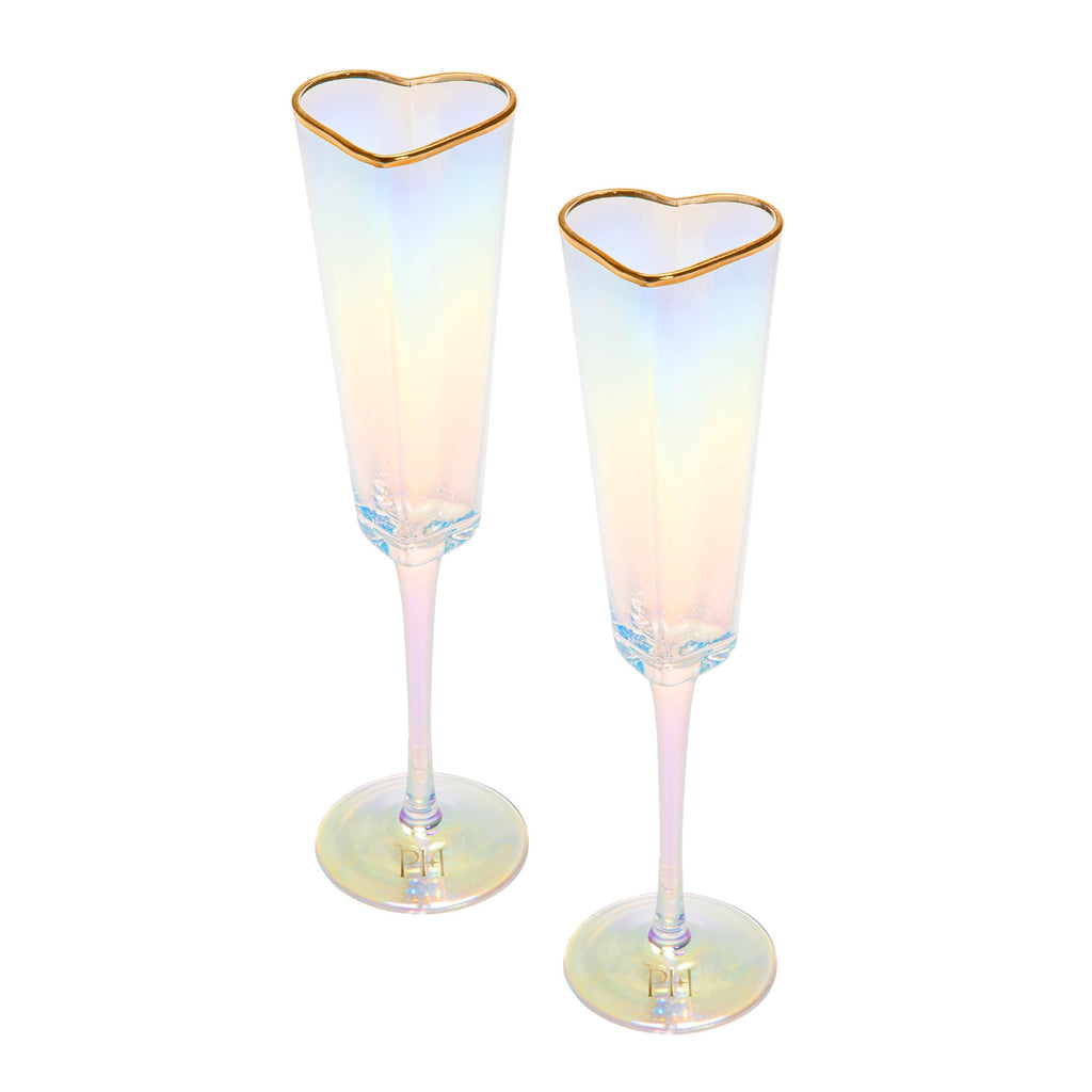 Paris Hilton Heart Shaped Champagne Flute Gift Set, Elegant Handmade Glassware Set, Perfect for Celebrations, Weddings or any Special Occasion, 2-Piece Set, 5.5-Ounce, Iridescent with Gold Rim