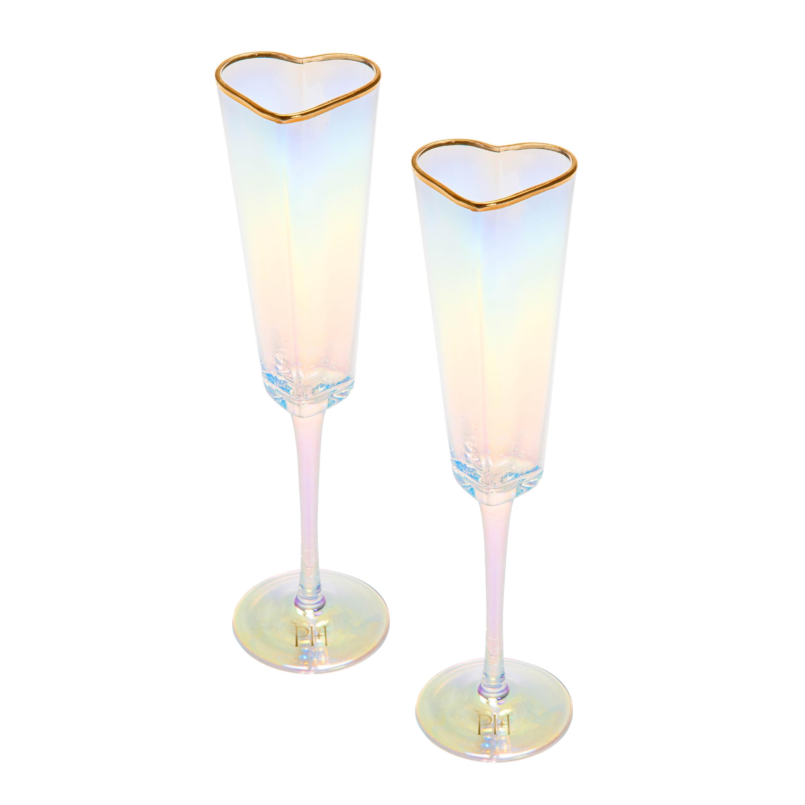 Paris Hilton Heart Shaped Champagne Flute Gift Set, Elegant Handmade Glassware Set, Perfect for Celebrations, Weddings or any Special Occasion, 2-Piece Set, 5.5-Ounce, Iridescent with Gold Rim