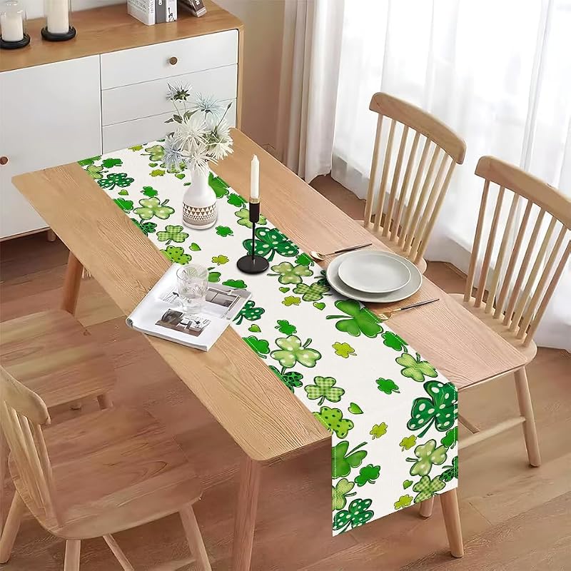 St. Patrick's Day Table Runner - 72x13 Inch Shamrock Linen Decor