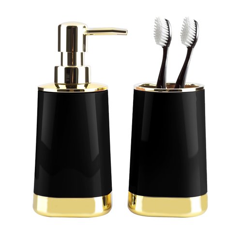Bathroom Accessories Set, 2Piece Black and Gold Bathroom Accessories Include Soap Dispenser and Toothbrush Holder for Modern Bathroom Decor