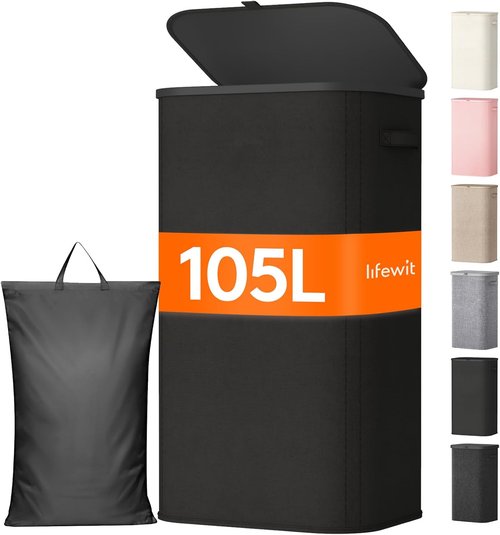 Lifewit Large 105L Laundry Basket - Foldable Hamper with Lid & Removable Bag | Black