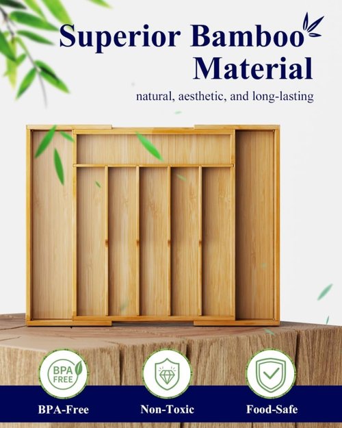 Kitsure Silverware Organizer - Expandable Bamboo Drawer Storage for Utensils & Cutlery | Large Natural Design