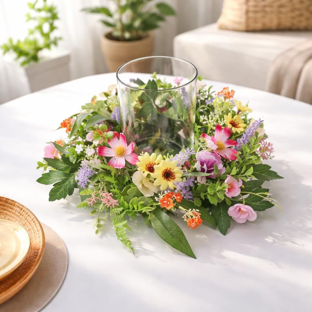 Skiennix Floral Candle Holder - Glass Hurricane with Detachable Wreath | Spring Centerpiece for Home & Weddings