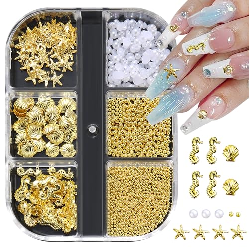 FSpronail Summer 3D Ocean Beach Nail Charms Gold Seashell Gems Set