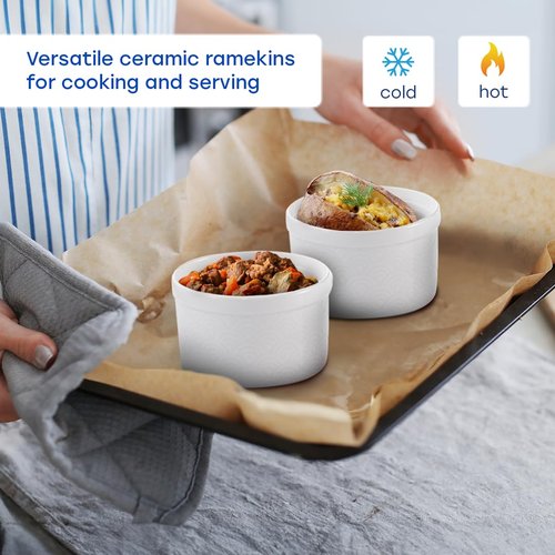 Maison Neuve 4pc Oven Safe Ramekin Set, 8 oz, White Embossed with Textured Design, Small Bowls, Ceramic Baking Dishes, Ideal for Soufflés, Dips, Sauces, and Desserts, Rainbow style Design