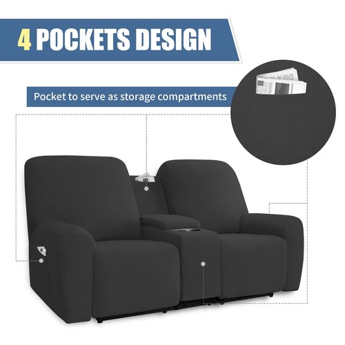 Easy-Going Stretch Recliner Loveseat Cover with Center Console Sofa Slipcover Soft Fitted Fleece 2 Seats Couch with Holder and Storage Washable Furniture Protector Dark Gray