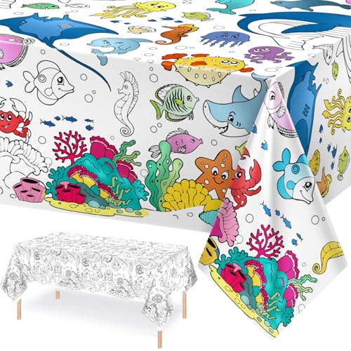 PartyGarden Ocean Under the Sea Coloring Tablecloth - Kids Birthday Party Supplies, 54x108 Inches