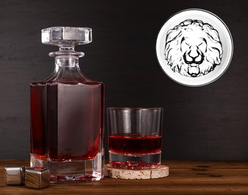 Whiskey Decanter Set with Wooden Box, Lion Whiskey Glasses 10 oz and 25 oz Bourbon Decanter Set with 18/10 Stainless Steel Whiskey Stones, Tongs, Whiskey Gifts for Men Husband Dad Wedding