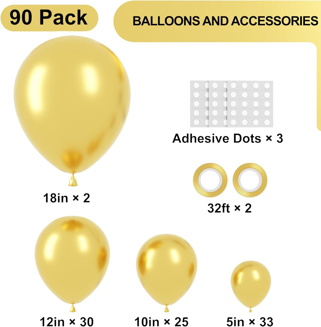 Voircoloria Metallic Gold Balloon Garland Kit - 90 Pack in 5/10/12/18 Inch Sizes | Perfect for Weddings & Celebrations
