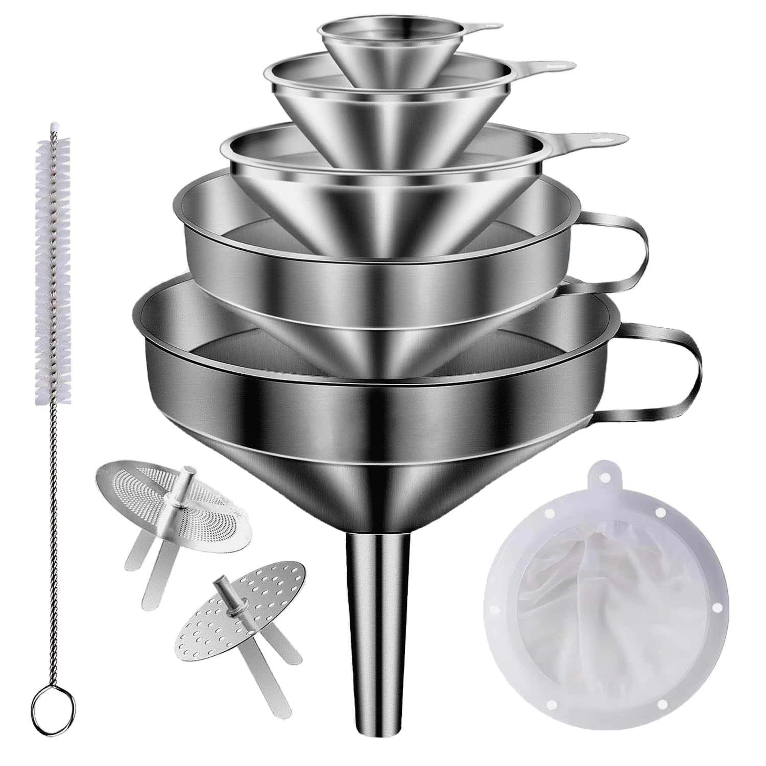 Lmoszuak Stainless Steel Funnels for Kitchen use,5 Different Sizes of Kitchen funnels,Metal Funnel with 2 Removable Strainer,Cleaning Brush,200 Mesh Food Filter,for Transferring of Liquid,Oils,Jam