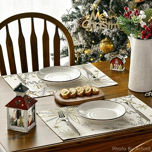 Artoid Mode Beige Snowflake Winter Placemats Set of 4 - 12x18 Inch Seasonal Holiday Table Decor