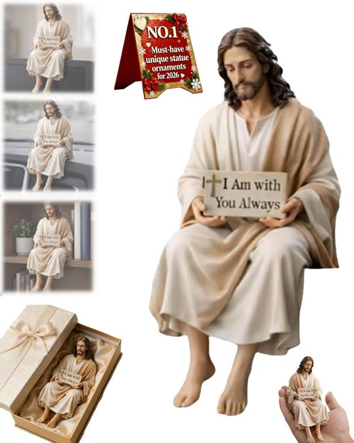Little Jesus Figurines - Mini Handmade Sitting Jesus Statue with 'I Am with You Always' Sign | Small Resin Christian Decor for Office or Car