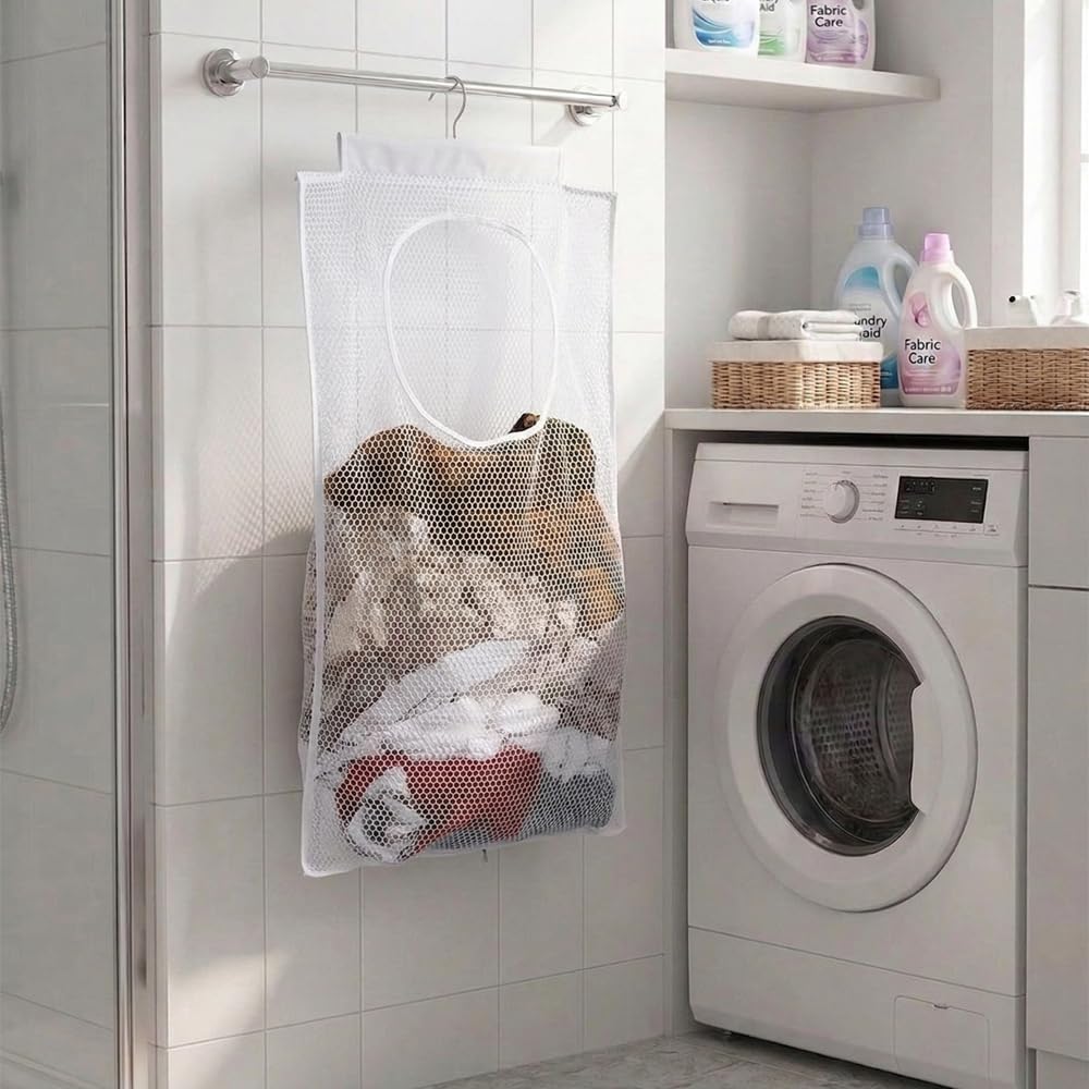 ALYER Breathable Mesh Laundry Hamper,Foldable Hanging Closet Storage Basket,Portable Space Saving Dirty Clothes Bag (White)