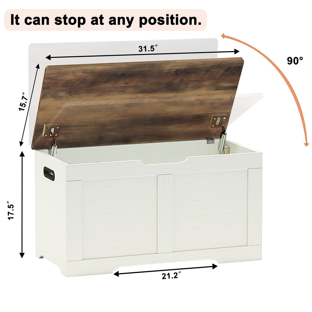 Timberer 31.5" Storage Chest, Wooden Storage Bench, Lift Top Toy Chest with 2 Safety Hinges, Large Toy Box, Entryway Shoes Bench for Living Room, Bedroom, Brown and Rustic White