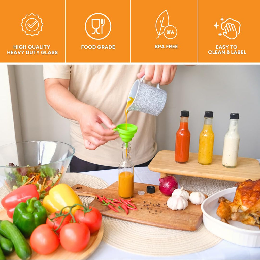 FastRack Woozy Bottle 5 oz (Pack of 12) | Small Hot Sauce Bottles for Canning | Empty Clear Glass Sauce Bottle with Black Plastic Caps | Leakproof Cap - No Dripper Included