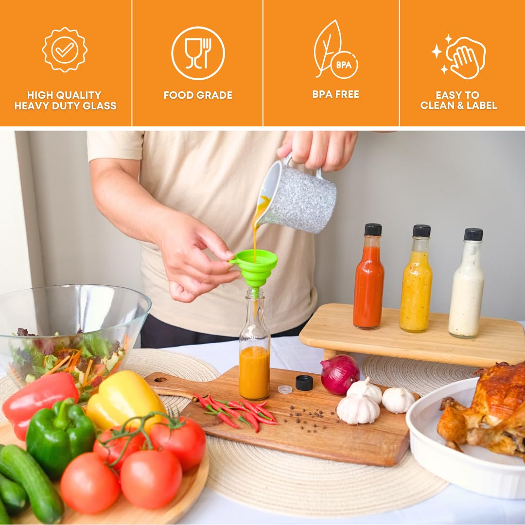 FastRack Woozy Bottle 5 oz (Pack of 12) | Small Hot Sauce Bottles for Canning | Empty Clear Glass Sauce Bottle with Black Plastic Caps & Shrink Sleeves | Leakproof Cap - No Dripper Included