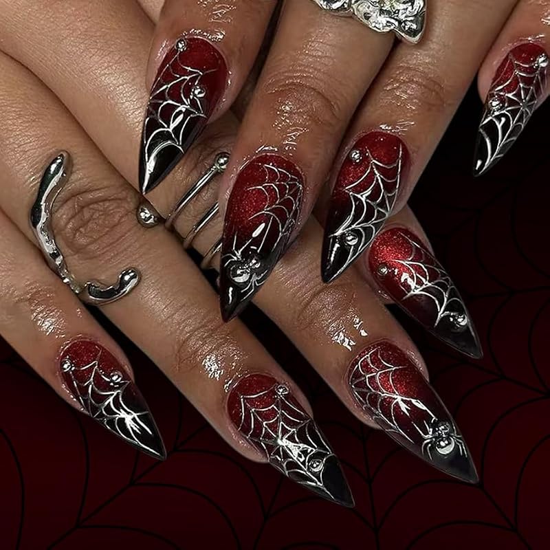 Halloween Press on Nails Long Pointed False Nails Red Glitter Spider Web