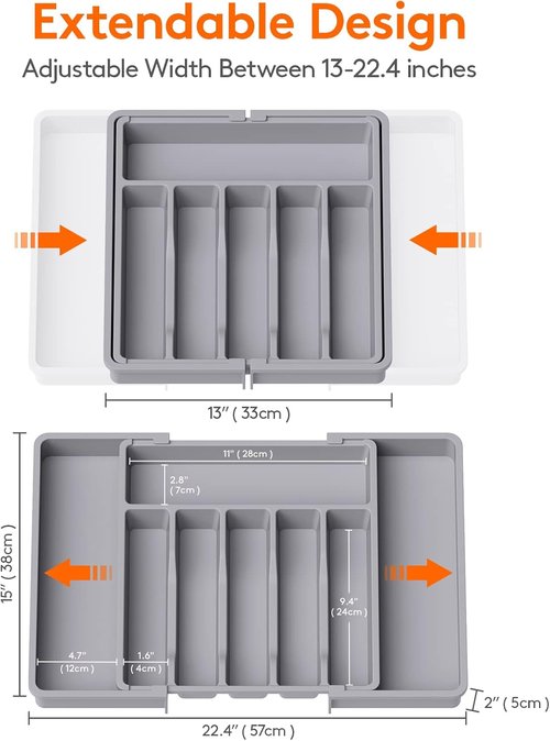 Lifewit Expandable Silverware Drawer Organizer - BPA-Free Utensil Tray for Kitchen | Adjustable 13-22 x 15", Grey