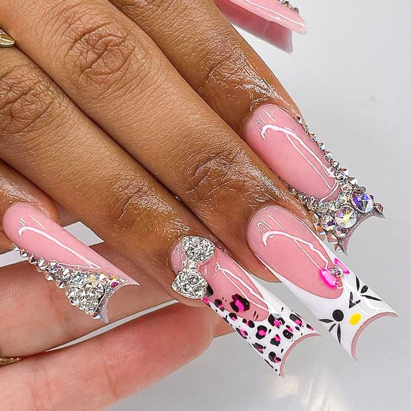 Press on Nails Coffin Medium Long Pink 3D Leopard Rhinestone False Nails