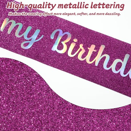 Glitter Purple Birthday Sash for Women with Pearl Pin