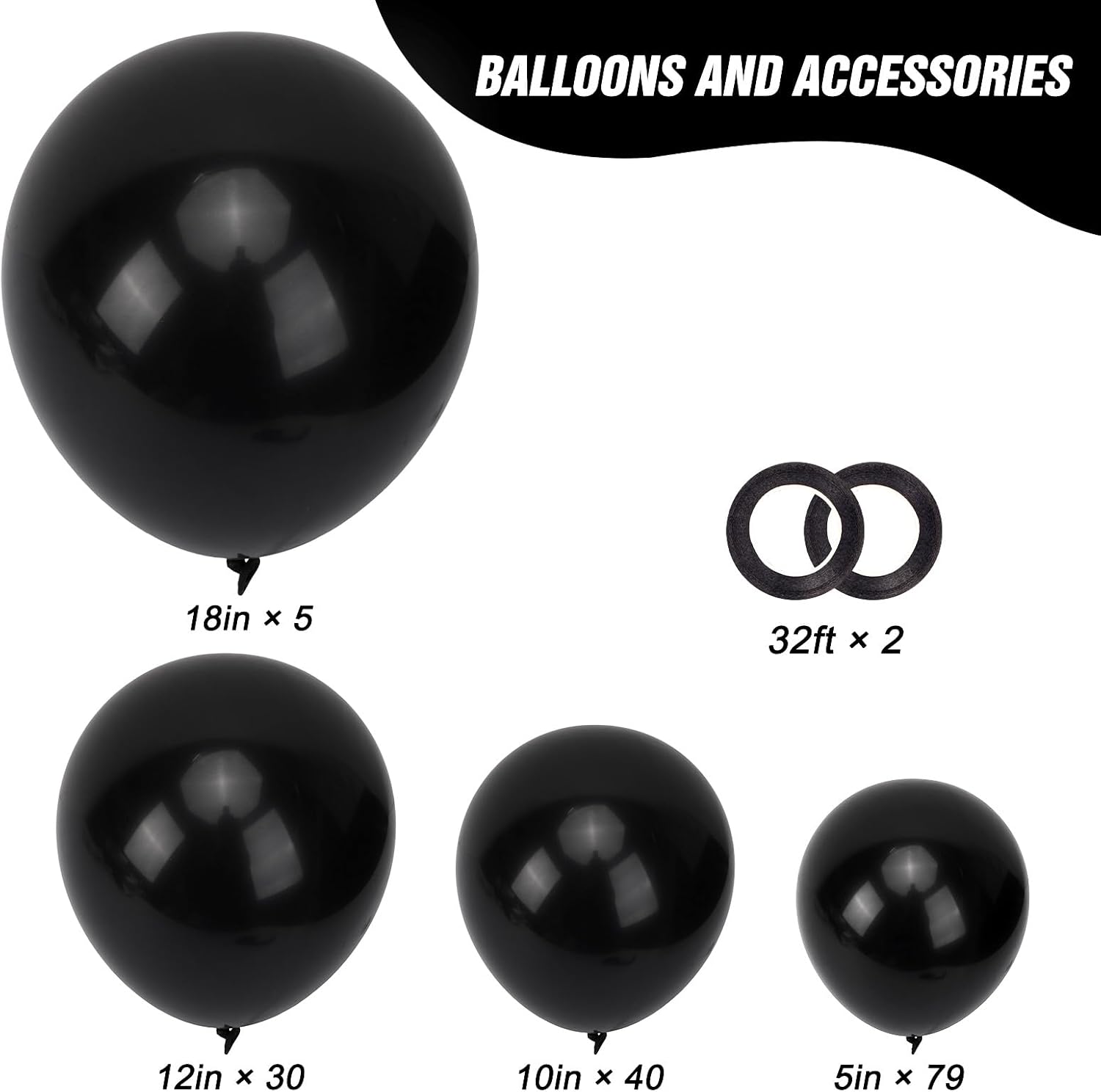 RUBFAC Black Balloons - 154pcs in Various Sizes (5-18 Inches) for Halloween & Birthday Decor