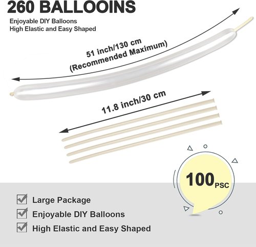 Clear 260 Balloons | 100 Pcs Thick Latex Long Twisting Balloons for Arches & Party Decor