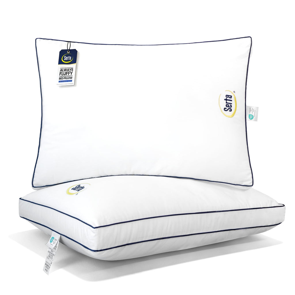Serta Hotel Collection Bed Pillows Queen/Standard Size Set of 2, 400 Thread Count 100% Cotton Cover, Medium Firm, Support Gusseted Down Alternative Pillow for Back, Stomach or Side Sleepers, 18" x 26"