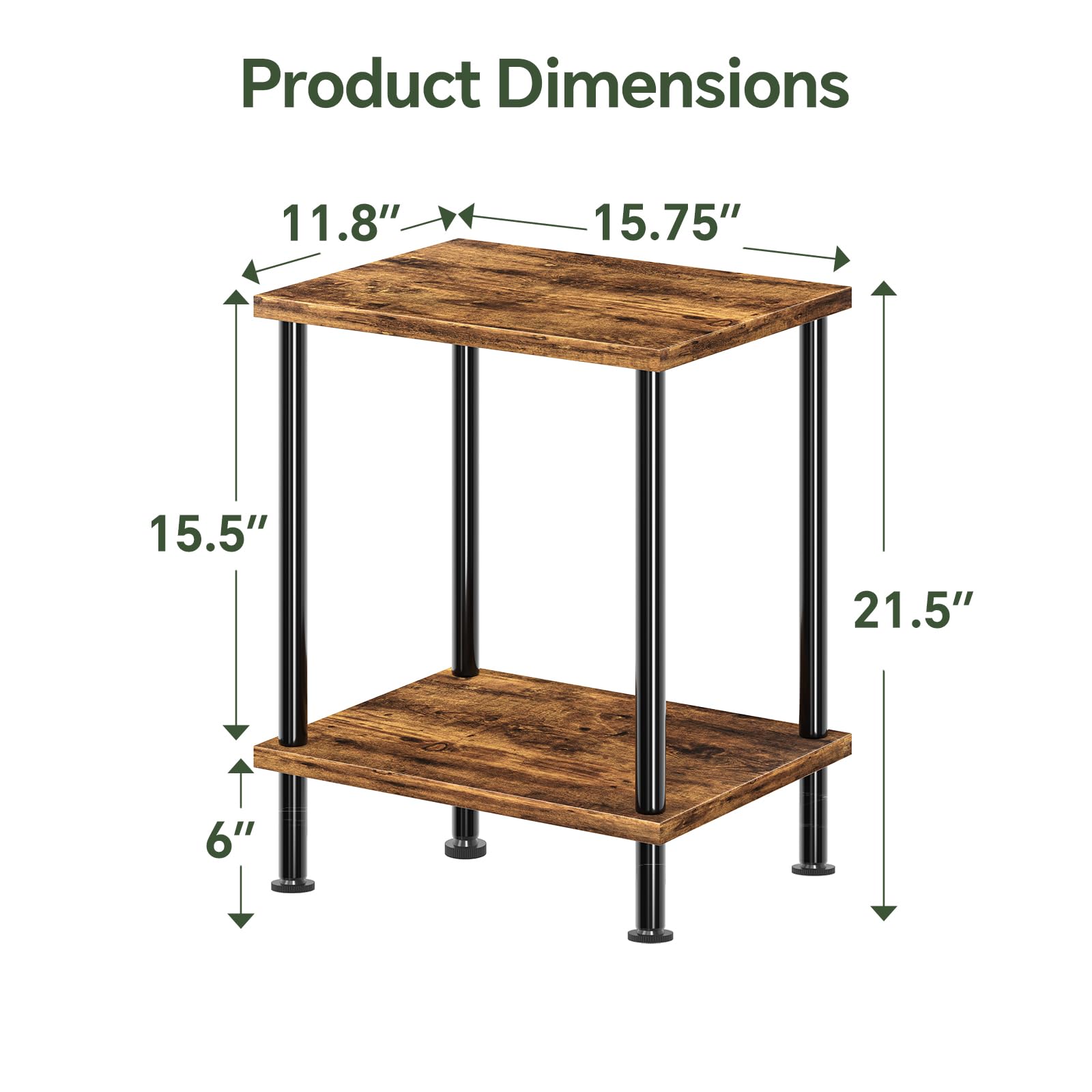 Simple Trending Side Table, Small End Table Living Room, Nightstand with 2 Tier Storage Shelves, Rustic Brown