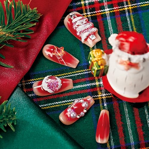 WISHDIAM Handmade Christmas Tree Press On Nails 3D Reusable Gel Nails Large