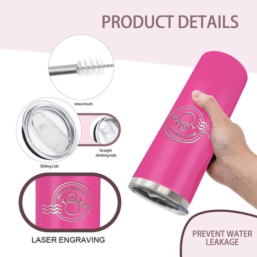 YOUKE OLA 16 Pack Stainless Steel Skinny Tumblers Bulk Straight Double Wall Powder Coated Insulated Tumbler with Lid and Straw for Laser Engrave, DIY Gift, 20oz Pink