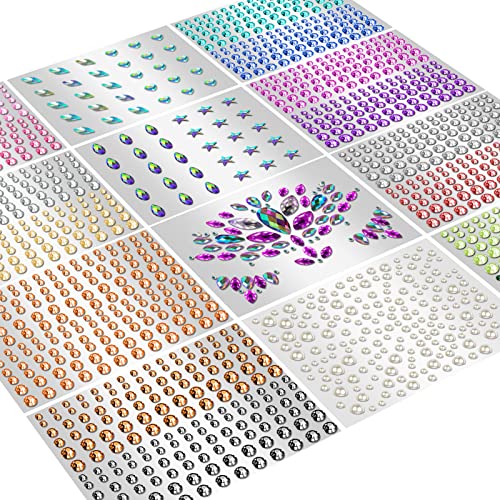 Creatrill Face Jewels Stick On Gems, Rhinestones and Pearls 12 Sheets