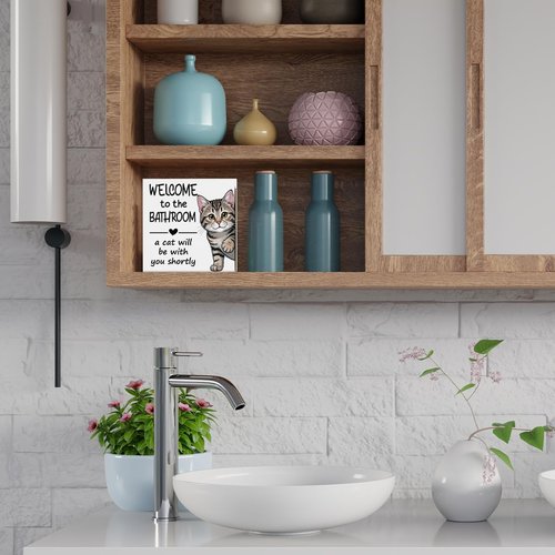 Funny Bathroom Cat Decor Welcome to the Bathroom a Cat Will Be with You Shortly Rustic Wooden Box Sign for Home Toilet Shelf Wall Decor