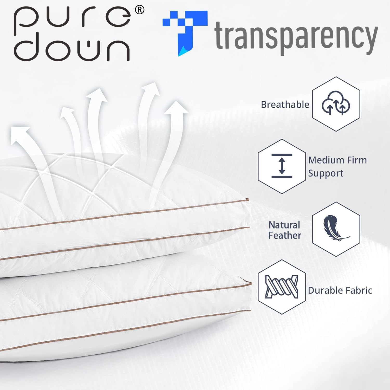 Puredown® Goose Feathers & Down Pillow - Gusseted Hotel Collection, Standard/Queen, Set of 2