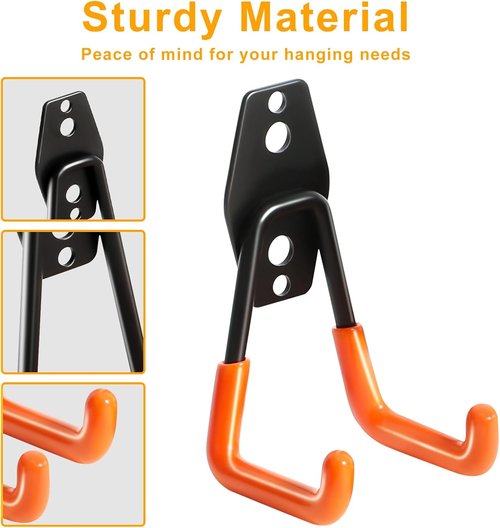 KURUI Heavy Duty Wall Hooks - 2 Pack Metal Garage Tool Organizers for Ladders, Hoses & Garden Tools