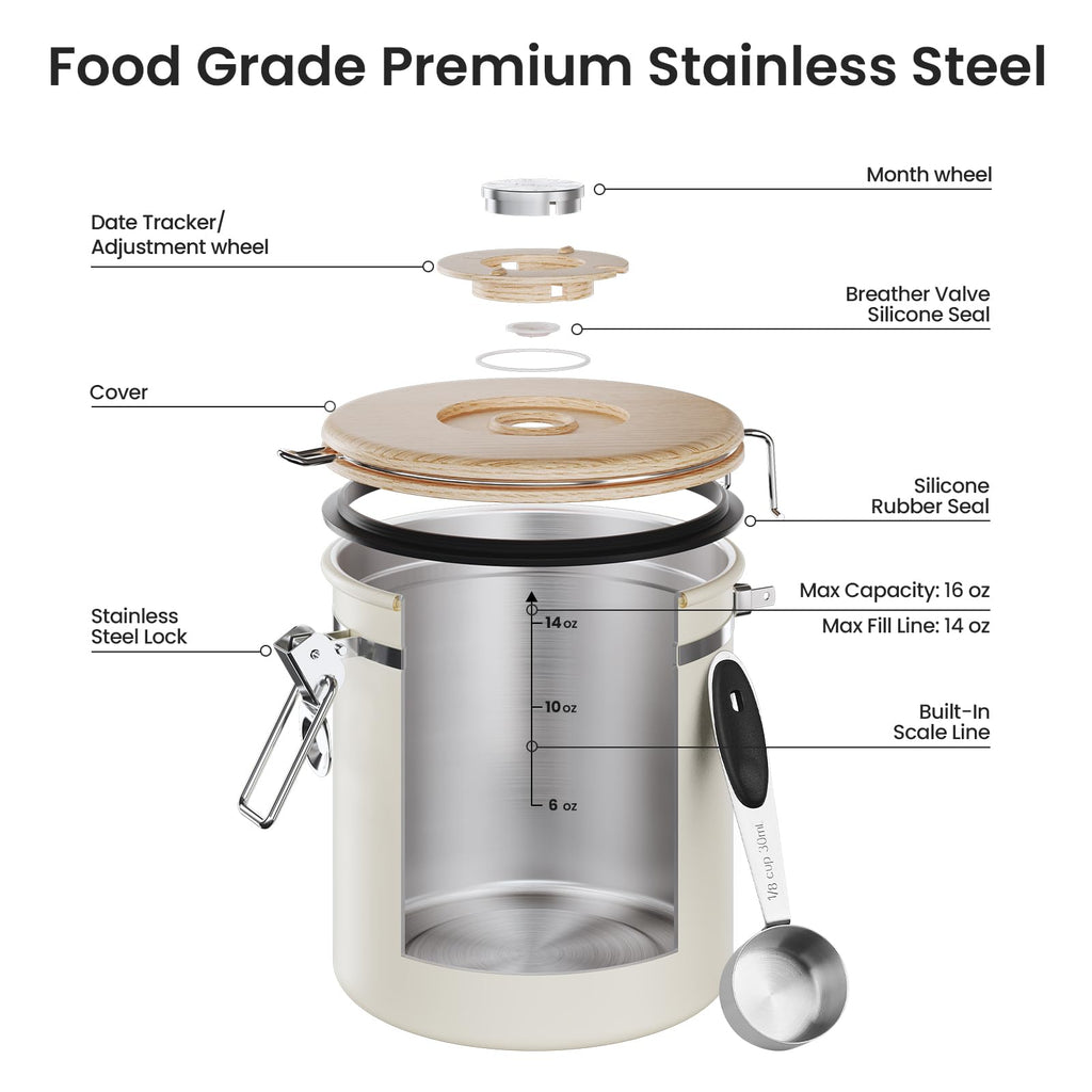 Veken Coffee Canister, Airtight Stainless Steel Kitchen Food Storage Container with Date Tracker and Scoop for Beans, Grounds, Tea, Flour, Cereal, Sugar, Cookie, 16OZ, Cream