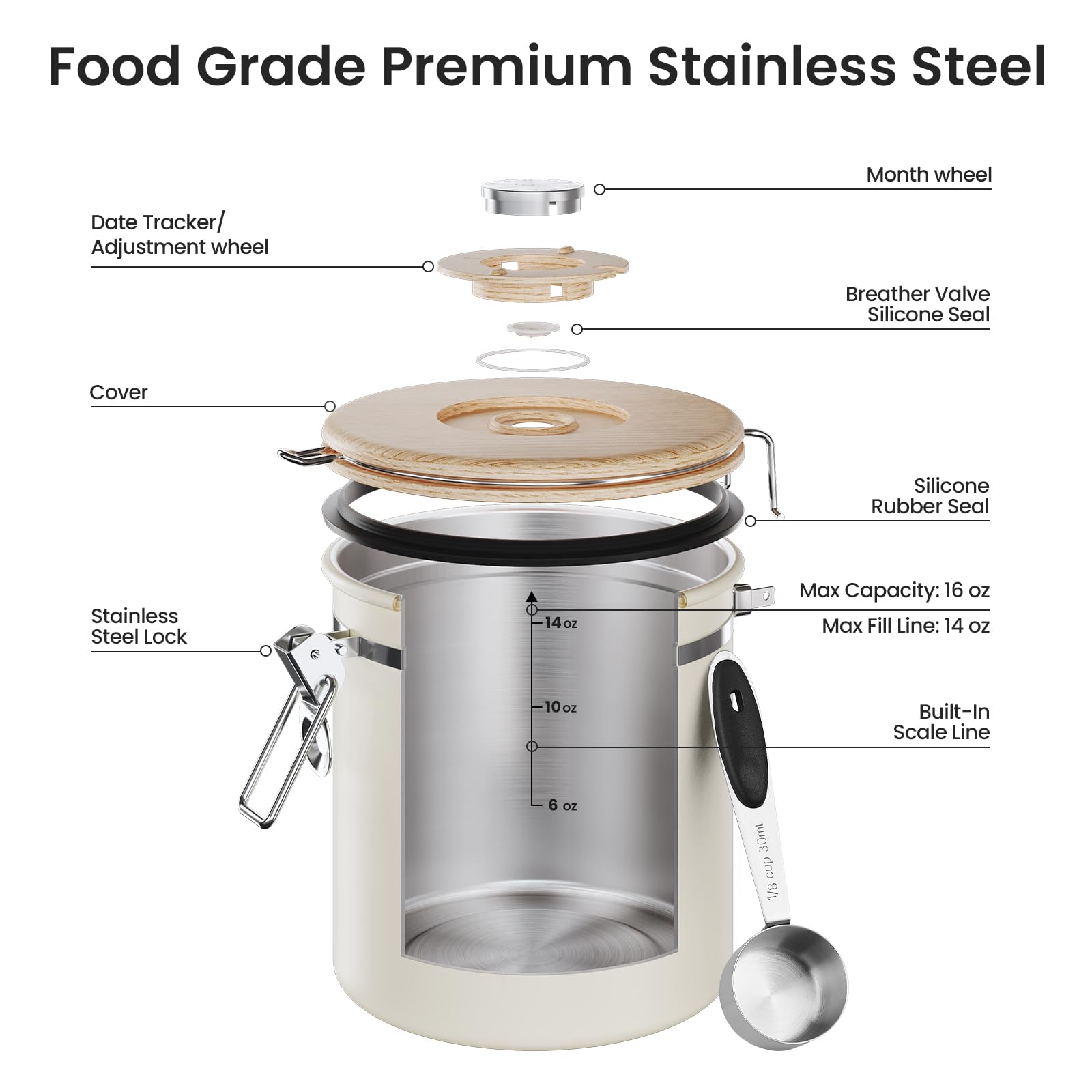 Veken Coffee Canister, Airtight Stainless Steel Kitchen Food Storage Container with Date Tracker and Scoop for Beans, Grounds, Tea, Flour, Cereal, Sugar, Cookie, 16OZ, Cream