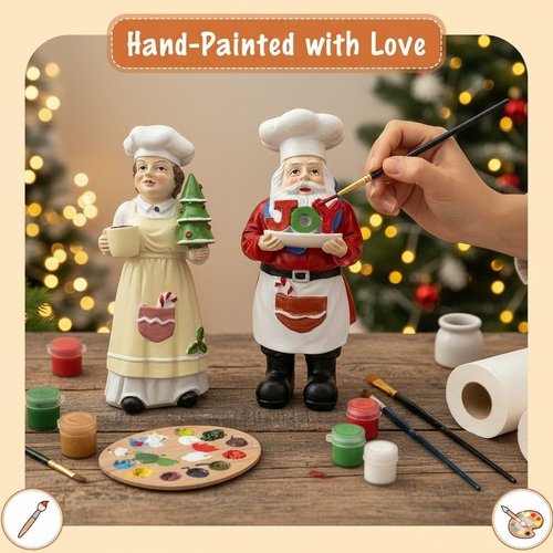 iStatue Chef Santa & Mrs. Claus Figurines Set | Hand-Painted 5'' Resin Holiday Decor for Kitchen & Gifting - Festive Collectibles