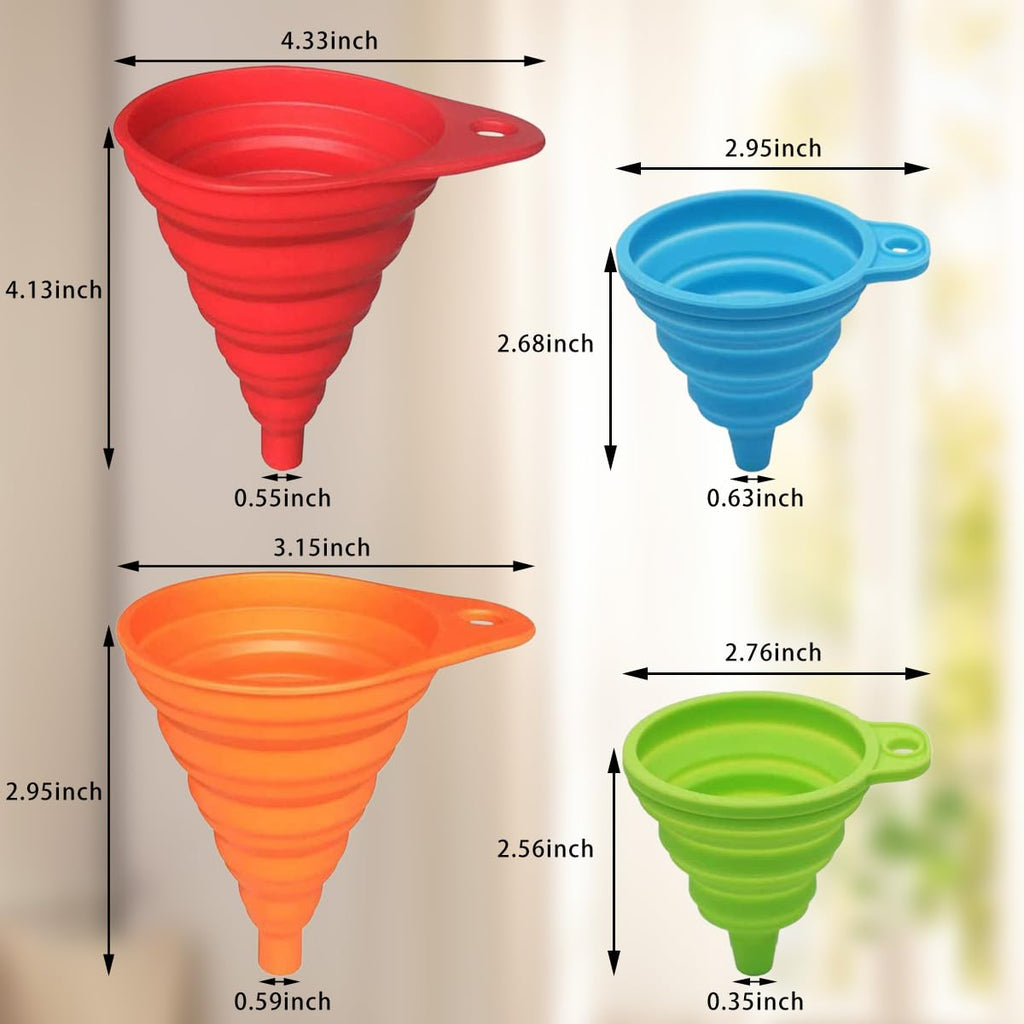 Skiennix Kitchen Funnel Set - 4 Pack of Foldable Silicone Collapsible Funnels for Easy Liquid Transfer
