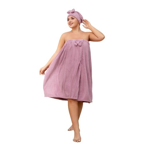 Bonahora Towel Wrap for Women Plus Size (XXL-XXXXL), Lightweight Spa Bath Wrap Set Soft Comfortable Absorb Water Bath Towel + Hair Drying Towel Set Oversized Adjustable Body Wrap with Bow (Purple)